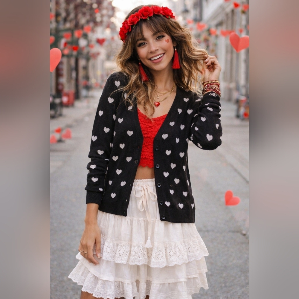 POL Heart Pattern Black And White Women's Sweater Button Up Cardigan - Sz Medium